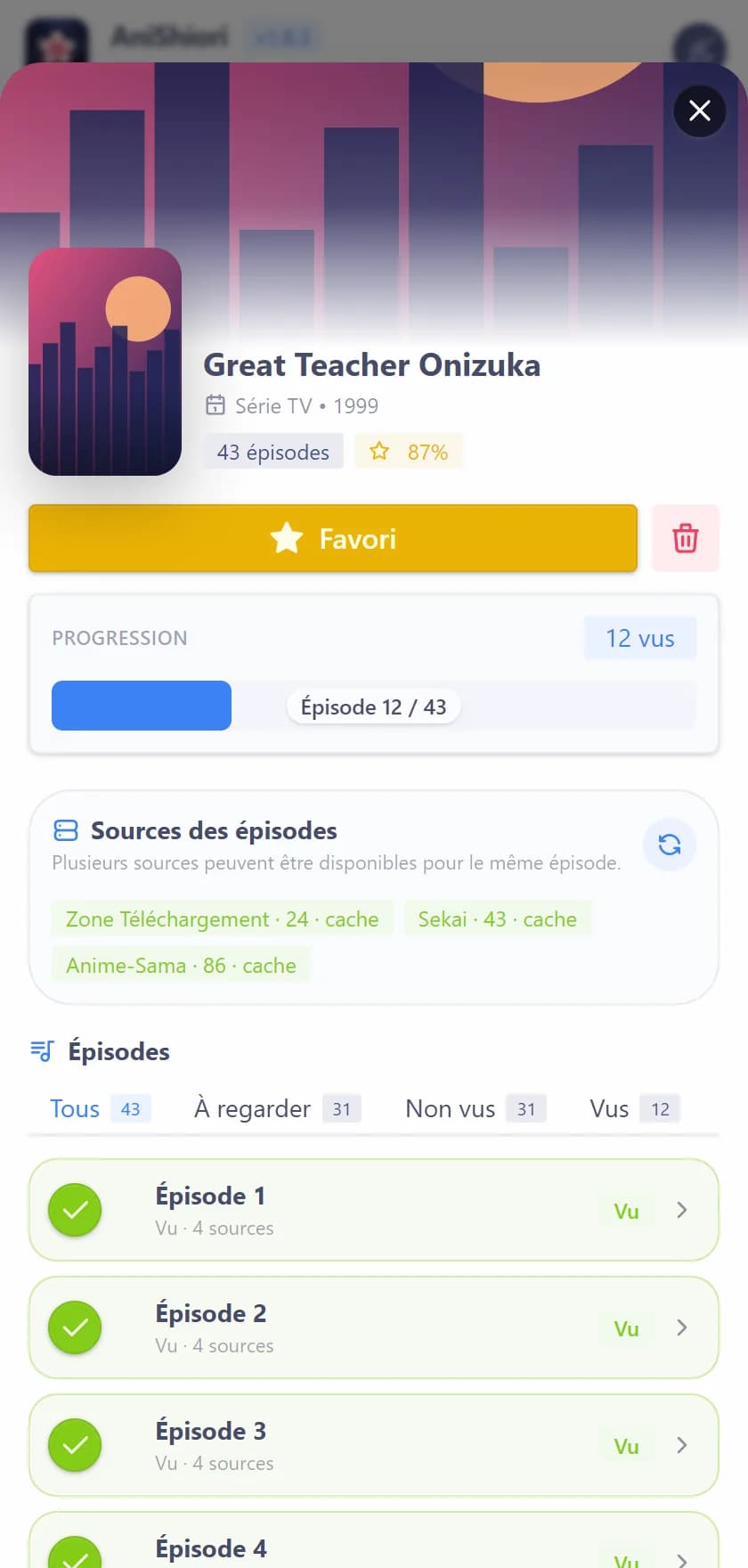 Fiche Great Teacher Onizuka dans AniShiori : progression 12 sur 43, sources des épisodes et favori