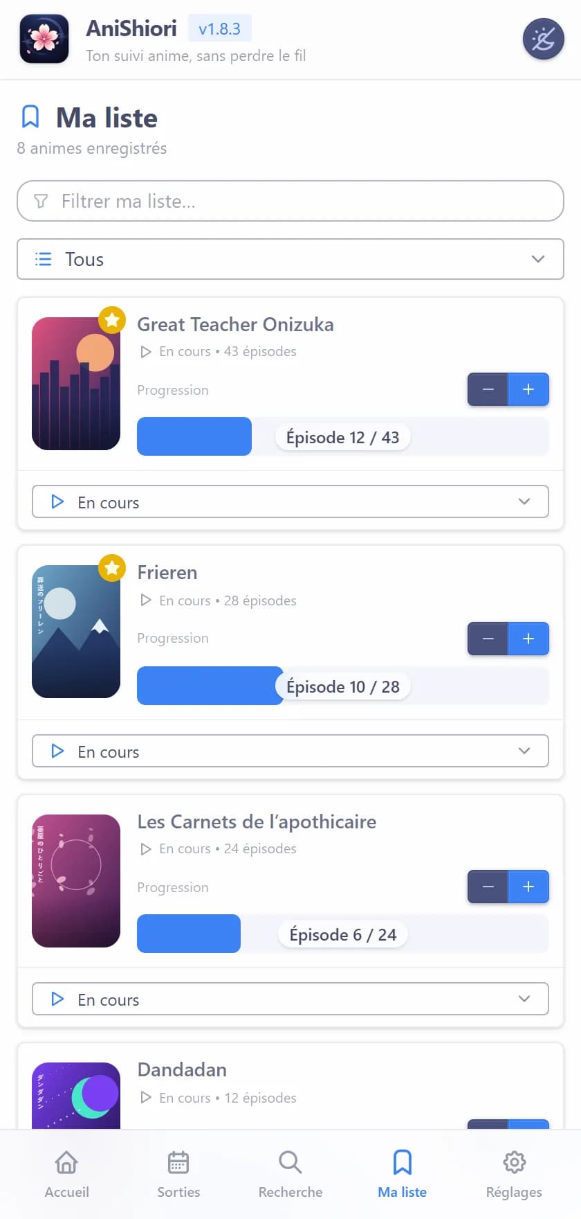 Bibliothèque AniShiori : séries en cours avec progression épisode par épisode et statut
