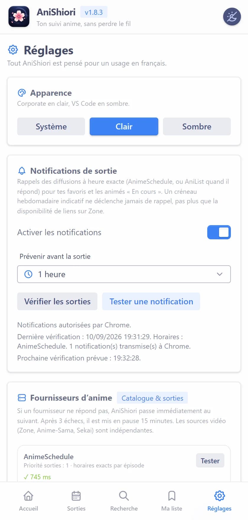 Réglages AniShiori : apparence, notifications de sortie et fournisseurs