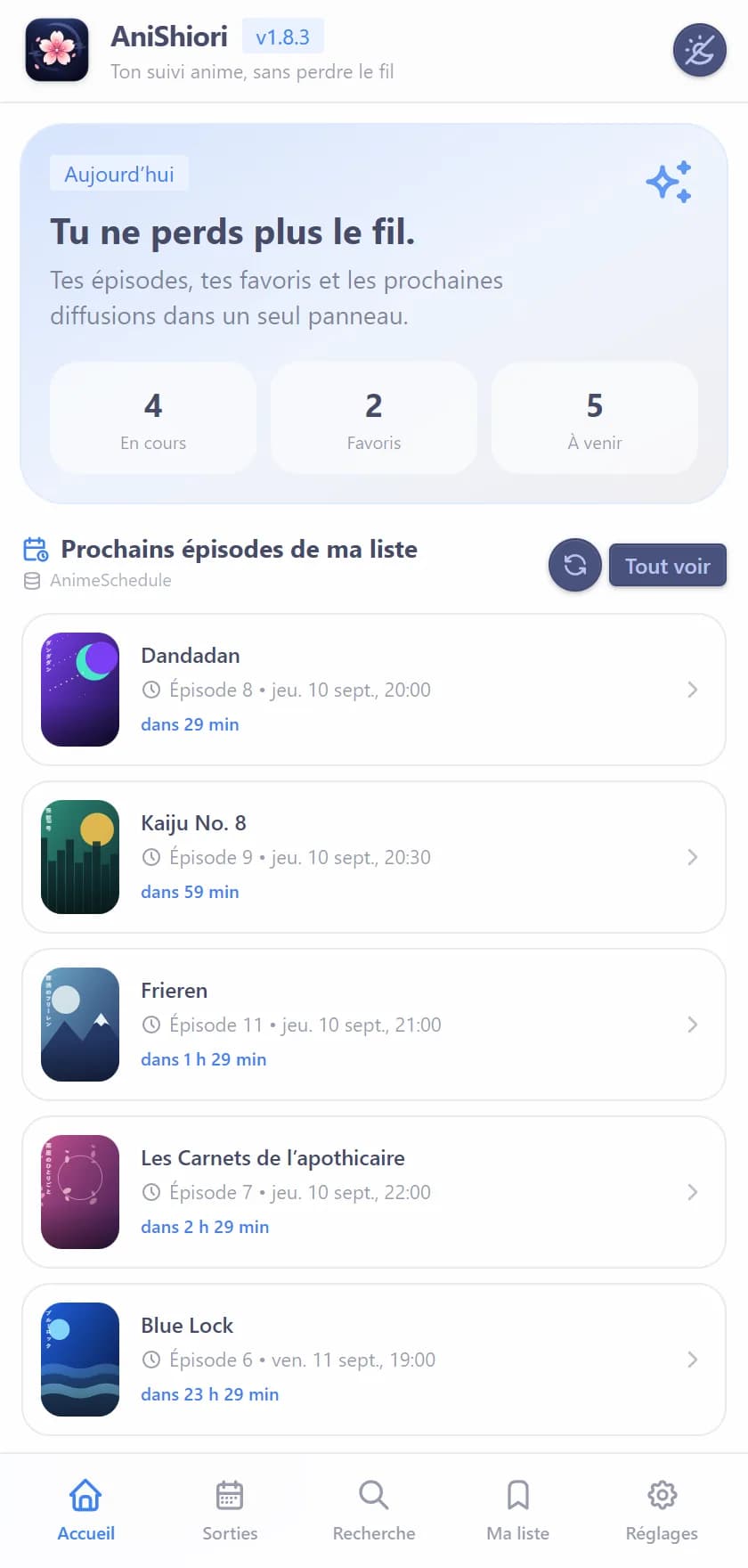 Écran Accueil d’AniShiori : prochains épisodes de la liste avec l’heure de sortie et le compte à rebours
